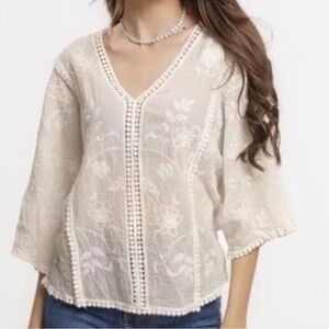 Zara Cream Floral Embroidered Lace V-Neck Boho Top